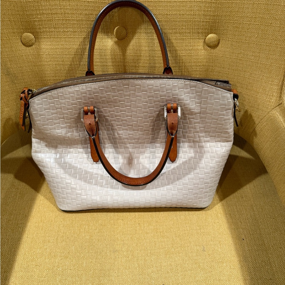 Dooney & Bourke Cream Woven Leather-Trim Tote with Brown Handles